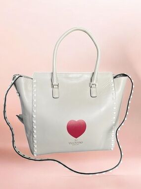 Valentino Garavani White Leather Tote with Pink Heart